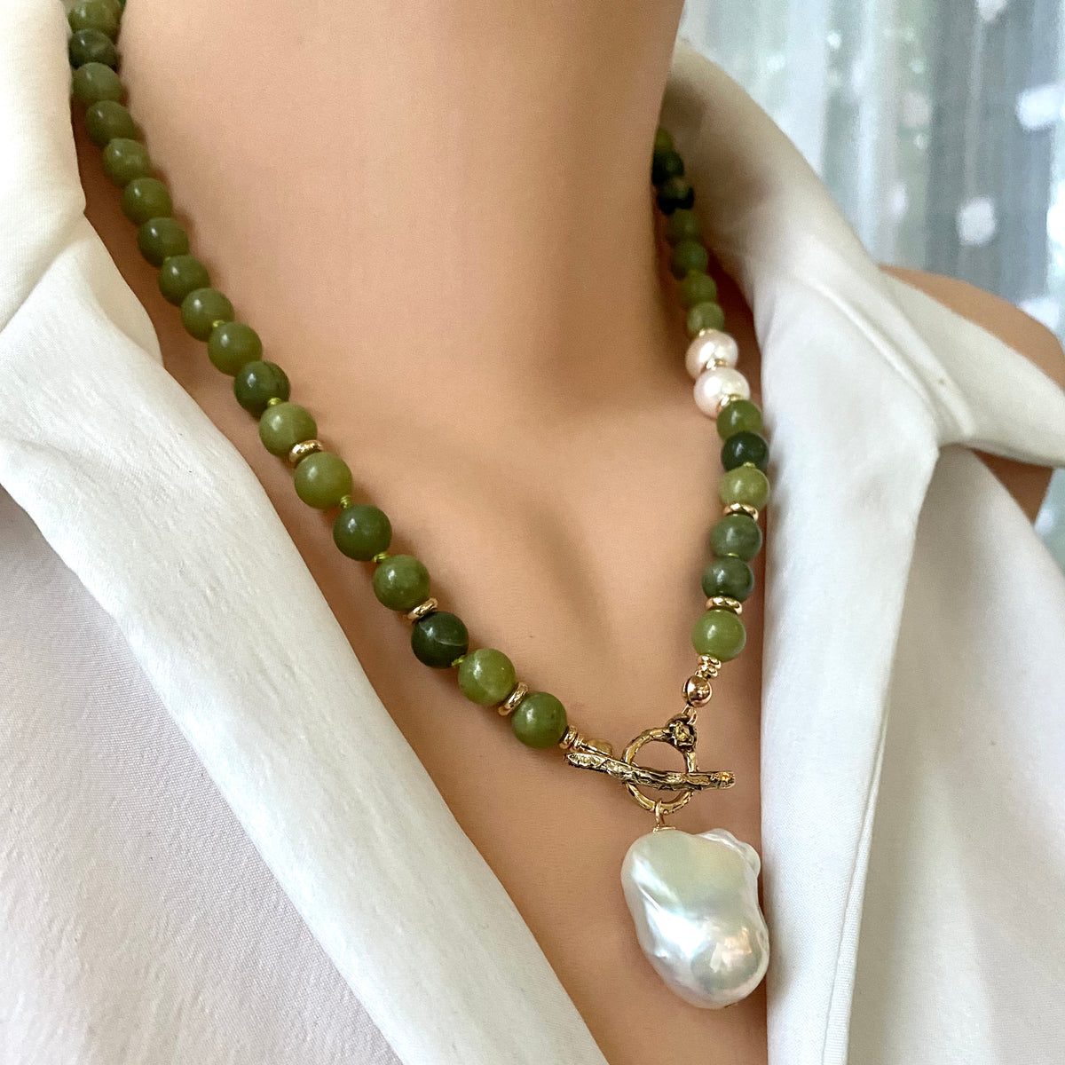 Beaded Pendant buying Long Necklace-Jade