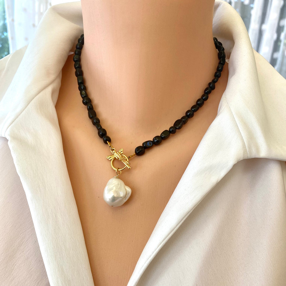 Long good Necklace.Watermelon Tourmaline Gemstone.Baroque Black Pearl.Gold.Silver.Lariat.Statement.Double Strand.Layering.Bridal.Formal.Handmade.