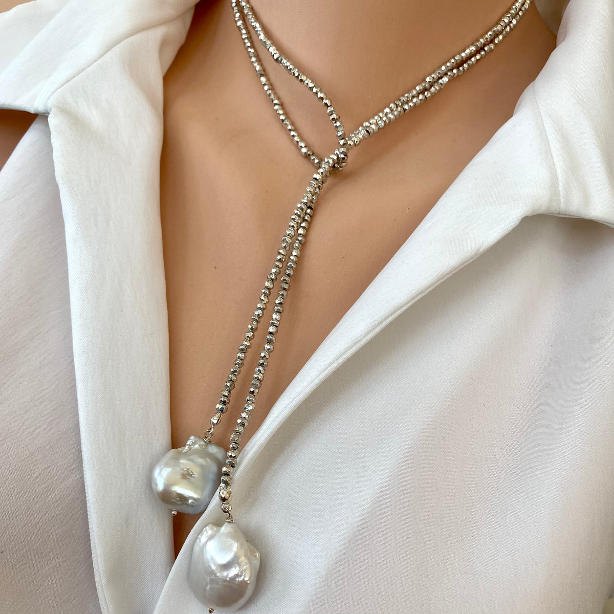 Single Strand of Silver Pyrite and Large Baroque Pearl Lariat Wrap