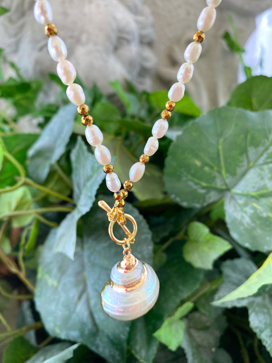 Shell necklace, charm necklace, pierced 2024 necklace, freshwater pearl necklace, barbell necklace, beaded necklace, wood bead necklace, seashell