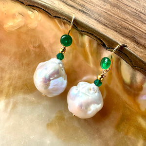 White Baroque Pearl Drop Earrings with Emerald Green Agate Accent, Gold Vermeil Plated Silver