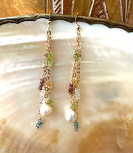 Lade das Bild in den Galerie-Viewer, Yellow Gold Multi Gemstones and Baroque Pearl Hoop Earrings, Aquamarine, Citrine, Peridot &amp; Pink Tourmaline, Gemstone Long Dangle Earrings
