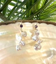 Load image into Gallery viewer, White Keshi Pearl Drop Earrings, 14k GF Hook &amp; Purple Cz Bezel
