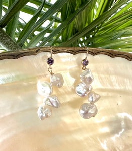 Keshi Pearl Drop Earrings, Gold Filled Hook and Purple Cubic Zirconia Bezel