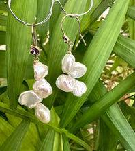 Load image into Gallery viewer, White Keshi Pearl Drop Earrings, 14k GF Hook &amp; Purple Cz Bezel
