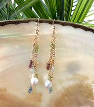 Lade das Bild in den Galerie-Viewer, Yellow Gold Multi Gemstones and Baroque Pearl Hoop Earrings, Aquamarine, Citrine, Peridot &amp; Pink Tourmaline, Gemstone Long Dangle Earrings
