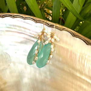 Teardrop Sky Blue Chalcedony Cluster Earrings, Fresh Water Pearls & Gold Filled Ear Wires