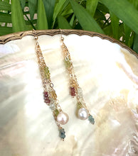 Lade das Bild in den Galerie-Viewer, Yellow Gold Multi Gemstones and Baroque Pearl Hoop Earrings, Aquamarine, Citrine, Peridot &amp; Pink Tourmaline, Gemstone Long Dangle Earrings
