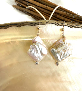 Delicate Natural Pearl and Gold Filled Hook Earrings with Clear Cubic Zirconia