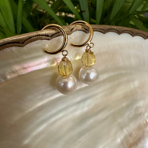 Edison White Pearls and Citrine Hoop Earrings, Gold Vermeil Plated Silver