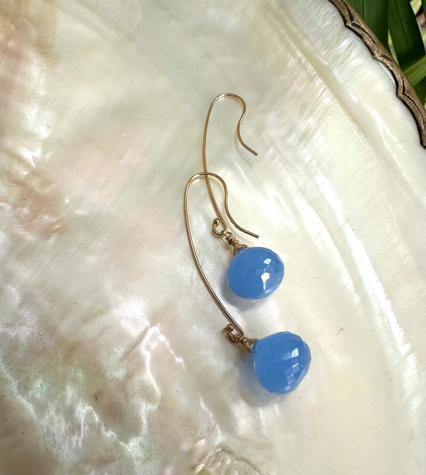 Blue Chalcedony Briolettes Earrings, Gold Filled Threader Earrings