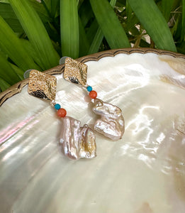 Chunky Baroque Pearls Gold Earrings with Turquoise & Coral