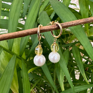 Edison White Pearls and Citrine Hoop Earrings, Gold Vermeil Plated Silver