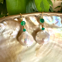 Load image into Gallery viewer, White Baroque Pearl Drop Earrings with Emerald Green Agate Accent, Gold Vermeil Plated Silver
