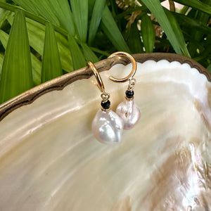 White Baroque Pearl Hoop Earrings, with Black Spinel and Diamonds Pave Accent, Gold Vermeil Plated Silver