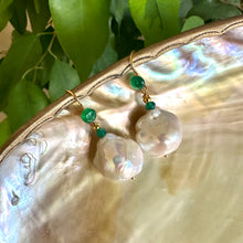 Load image into Gallery viewer, White Baroque Pearl Drop Earrings with Emerald Green Agate Accent, Gold Vermeil Plated Silver
