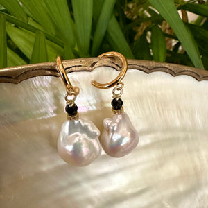 White Baroque Pearl Hoop Earrings, with Black Spinel and Diamonds Pave Accent, Gold Vermeil Plated Silver