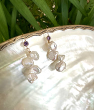 Load image into Gallery viewer, White Keshi Pearl Drop Earrings, 14k GF Hook &amp; Purple Cz Bezel
