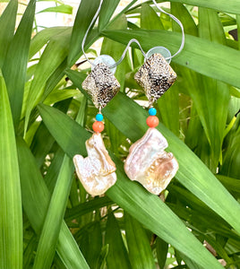 Chunky Baroque Pearls Gold Earrings with Turquoise & Coral