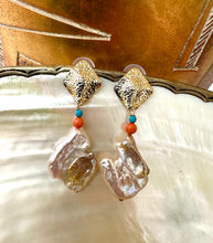 Lade das Bild in den Galerie-Viewer, Chunky Baroque Pearls Gold Earrings with Turquoise &amp; Coral
