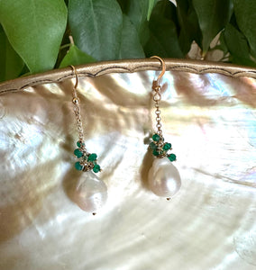 White Baroque Pearls Dangle Earrings, Women Green Onyx Earrings