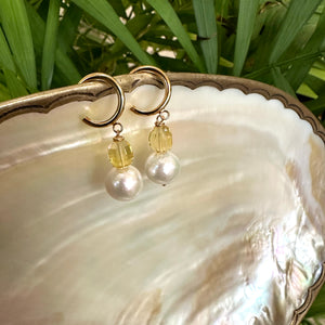 Edison White Pearls and Citrine Hoop Earrings, Gold Vermeil Plated Silver