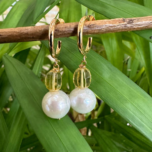 Edison White Pearls and Citrine Hoop Earrings, Gold Vermeil Plated Silver