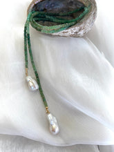 Charger l&#39;image dans la galerie, Single strand lariat wrap necklace featuring shaded green chrysoprase rondelle beads and two baroque pearls. The necklace is 42 inches long with gold-plated silver details, offering a versatile and elegant design for women.
