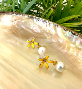 Edison White Pearls and Citrine Drop Earrings, Yellow Enamel & Gold Plated Flower Studs