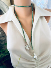 Charger l&#39;image dans la galerie, Single strand lariat wrap necklace featuring shaded green chrysoprase rondelle beads and two baroque pearls. The necklace is 42 inches long with gold-plated silver details, offering a versatile and elegant design for women.
