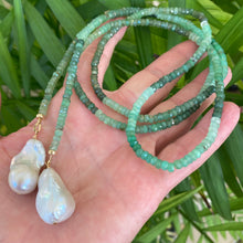 Charger l&#39;image dans la galerie, Single strand lariat wrap necklace featuring shaded green chrysoprase rondelle beads and two baroque pearls. The necklace is 42 inches long with gold-plated silver details, offering a versatile and elegant design for women.
