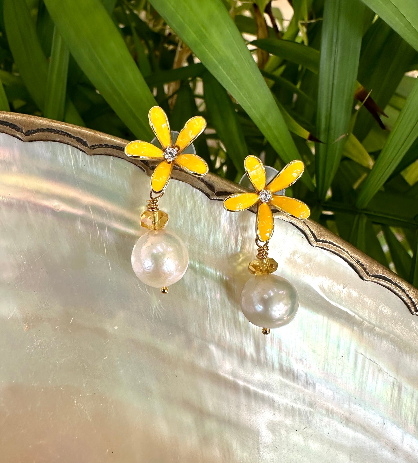 Edison White Pearls and Citrine Drop Earrings, Yellow Enamel & Gold Plated Flower Studs