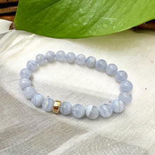 Load image into Gallery viewer, Blue Lace Agate Stretchy Bracelet 6 or 8mm, AAA Blue Agate Beads, Gold Filled, 7&quot;inches
