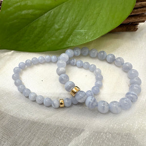 Blue Lace Agate Stretchy Bracelet 6 or 8mm, AAA Blue Agate Beads, Gold Filled, 7"inches