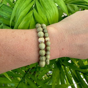 Olive Green Jasper Bracelet in 6 or 8mm, Gold Filled, Green Olivine Jasper Stretch Bracelet, 7"in