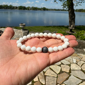 White Tridacna Bracelet & Sparkling CZ Pave Gunmetal Plated Accent Ball, 7"inches, Unisex Bracelet