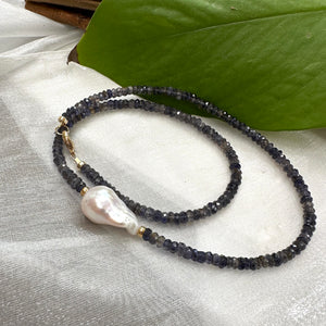 Denim Blue Iolite and Baroque Pearl Beaded Necklace, Gold Filled Details, 18"inches