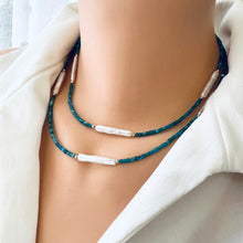 Load image into Gallery viewer, Dainty Neon Blue Apatite &amp; White Bar Pearls Necklace, Gold Filled 16.5&quot;-18&quot;inches
