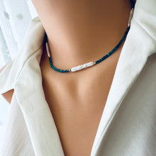 Cargar imagen en el visor de la galería, Dainty Neon Blue Apatite &amp; White Bar Pearls Necklace, Gold Filled 16.5&quot;-18&quot;inches
