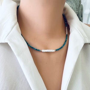 Dainty Neon Blue Apatite & White Bar Pearls Necklace, Gold Filled 16.5"-18"inches