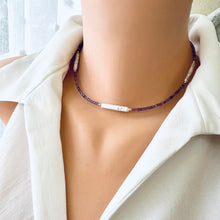 Load image into Gallery viewer, Amethyst &amp; White Bar Pearls Necklace, Gold Filled 15.5&quot;-18.5&quot;inches, February Birthstone
