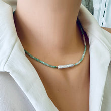 Carica l&#39;immagine nel visualizzatore di Gallery, Apple Green Chrysoprase Choker Necklace with White Bar Pearls, Gold Filled, 16&quot;-17.5&quot;inches
