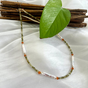 Dainty Tsavorite Green Garnet, Carnelian & White Bar Pearls Beaded Necklace, Gold Filled 17"-18.5"inches