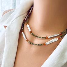 Load image into Gallery viewer, Dainty Tsavorite Green Garnet, Carnelian &amp; White Bar Pearls Beaded Necklace, Gold Filled 17&quot;-18.5&quot;inches
