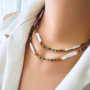 Dainty Tsavorite Green Garnet, Carnelian & White Bar Pearls Beaded Necklace, Gold Filled 17"-18.5"inches