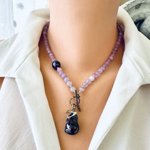 Load image into Gallery viewer, Amethyst Necklace and Black Baroque Pearl Pendant, Artisan Gold Bronze &amp; Gold Filled, Heart Charm, 18.5&#39;, February Birthday
