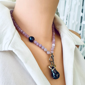 Amethyst Necklace and Black Baroque Pearl Pendant, Artisan Gold Bronze & Gold Filled, Heart Charm, 18.5', February Birthday