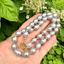 Load image into Gallery viewer, Hand-Knotted Grey Pearl Necklace &amp; Gold Vermeil Plated Silver Details, 19&quot;inches, Marine Clasp
