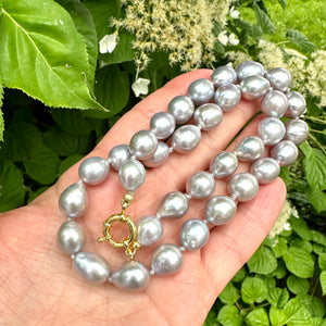 Hand-Knotted Grey Pearl Necklace & Gold Vermeil Plated Silver Details, 19"inches, Marine Clasp