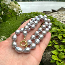 Load image into Gallery viewer, Hand-Knotted Grey Pearl Necklace &amp; Gold Vermeil Plated Silver Details, 19&quot;inches, Marine Clasp
